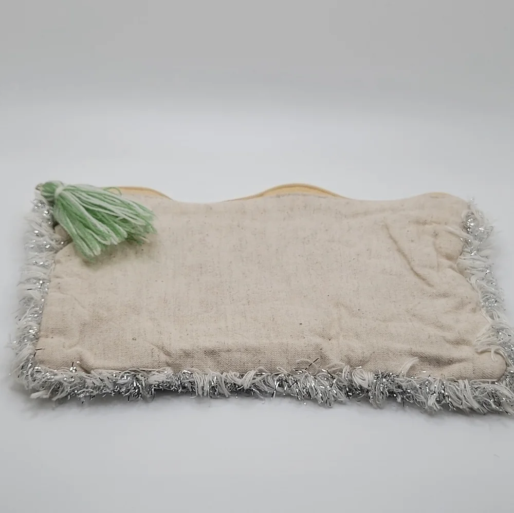 Fringe Beaded Sequins Tassle Cream Makeup Bag or Clutch Metallic Cotton Linen